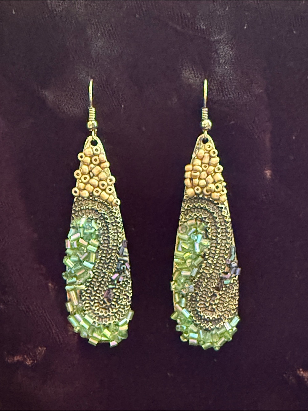 Handmade Beaded Teardrop Earrings in Light Green and Gold